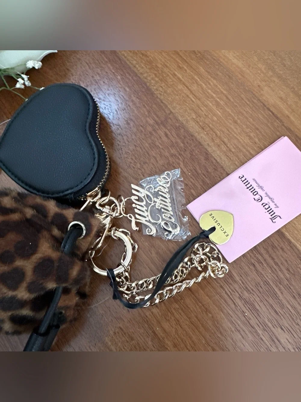 Juicy Couture Leopard Faux Fur Key & Heart Card Holder in Brown and Black